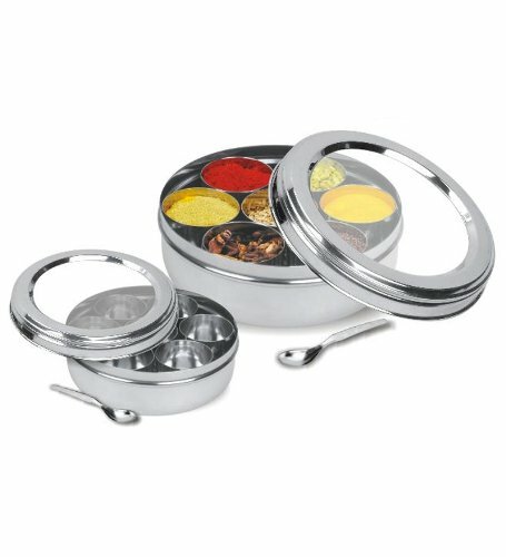 Indická kořenka Masala dabba s viditelným víkem.